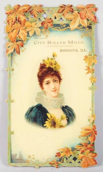City Roller Mills Embossed Die-Cut Lithograph.: Pre-1900. Ornate litho of lovely lady and autumn leaf border. Thought to hold calendar pad; printed in St. Louis. Condition (Excellent). Size 13" x 7 - 1/2".