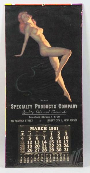 1951 Earl Moran Nude Pinup Calendar.: Titled "The Dancer". A few fold lines with edge wear and nicks. Condition (Excellent). Size 33 - 1/2" x 16".