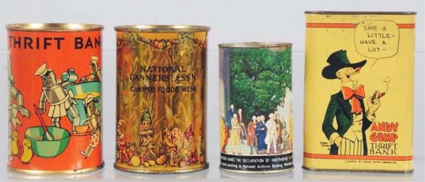 Lot of 4: Banks.: Three are made by American Company. Includes two Banks National Canners, also, one John Hancock (Canco), and one scarce Andy Gump Thrift Bank drawing by Sidney Smith. Condition (Excellent - Fine). Siz