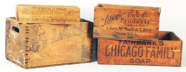 Lot of 4: Wooden Crates.: Includes Atlas Prager; graphics inside crate and all around outside with bottle, Libby's Food Products, Chicago; two dozen No. 1 tins of Cooked Corned Beef, Lawton & Bushman Shoe and Harness Repairing