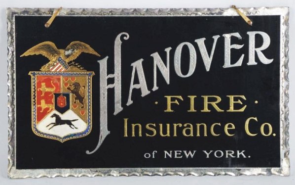 Hanover Fire Insurance Co. Reverse on Glass Sign.: Made of thick scalloped glass. With a nice image of a coat of arms and an eagle. Few light lifting areas. Solid visual appeal. Condition (Excellent). Size 12" x 20".