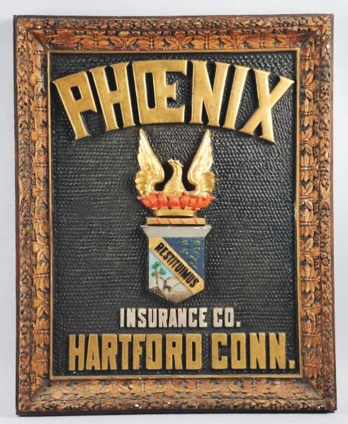 Phoenix Insurance Co. Advertising Sign.: Designed as a shadow box and appears to have been made out of some type of composite material with a wooden frame. A solid and nicely detailed appearance. Background has slight crazing but this does n