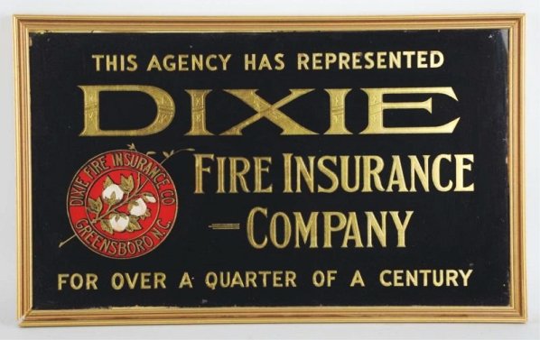 Dixie Fire Insurance Co. Reverse on Glass Sign.: With good color contrast. Located in Greensboro, North Carolina. Very little wear. Some minor lifting near bottom. Nicely framed. Condition (Excellent). Size Framed: 15" x 25".