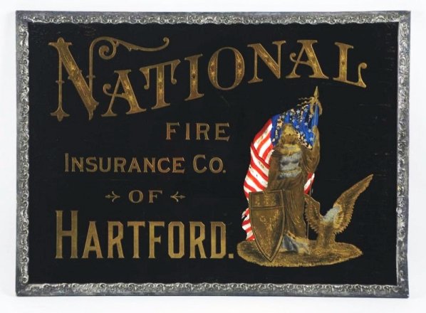 National Fire Insurance Co. Reverse on Glass Sign: Circa 1900s. Very early. Nice gold lettering and image. Minimal flaking that blends in nicely. Condition (Excellent). Size 29 - 1/2" x 21 - 1/2".