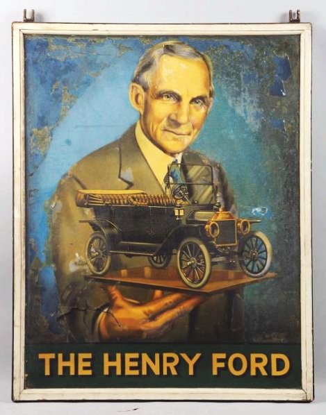 Large 2-Sided Henry Ford Sign.: Circa 1930s to 1940s. Hand painted with great detail. A lot of the original varnish coat has peeled from past exposure. Some colors have been lost and faded as well. Central image area, especially goo