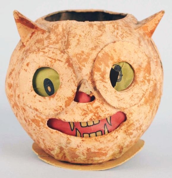 Cardboard Owl Jack-O-Lantern.: Original paper inserts and replaced bottom. Condition (Excellent). Size 5" T.