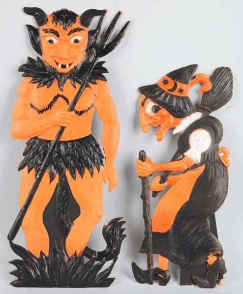 Lot of 2: Halloween German Die-Cuts.: Includes a devil with pitchfork and witch. Condition (Excellent). Size Largest: 19 - 1/2" T.