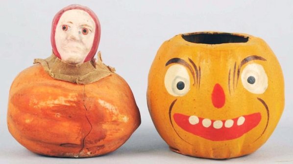 Lot of 2: Halloween Pieces.: Includes one cardboard pumpkin jack-o-lantern and a witch candy container. No bottom and one crack. Condition (Excellent). Size Largest: 3" T.