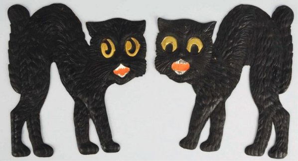 Lot of 2: Halloween Cardboard Die-Cuts.: German. Includes arched back cats. Condition (Excellent). Size Each: 11" T.