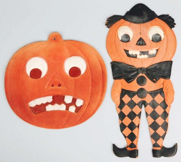 Lot of 2: Halloween Cardboard Die-Cuts.: Includes one pumpkin and one pumpkin head clown. Condition (Excellent). Size Largest: 16" T.