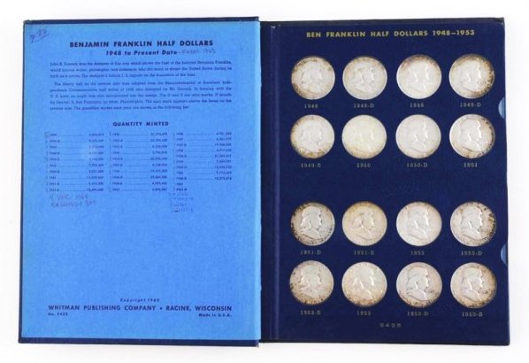 Franklin Half Dollar Collection.: In a Whitman album. Includes an extra 1955, ten Barber half dollars and two 1892 Colombia extra half dollars. $23.00 total. Condition (VG - BU). Size 9" L.9" L.(VG - BU).