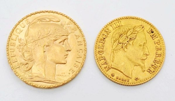 Lot of 2: French Gold Coins.: Includes one 1910 20 francs gold coin and one 1868 10 francs gold coin. Condition (EF - BU).(EF - BU).