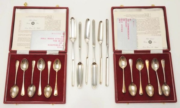 An English Silver Marrow Scoop by Hester Bateman.: London 1780, engraved with a crest; and 5 others, including William Fearn, London 1772, crested; London 1792, maker's mark IB; George Smith & William Fearn, London 1793; another, with unclear marks fo