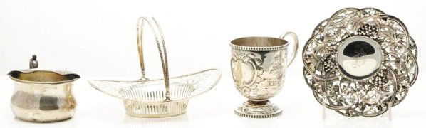 A Bailey & Co. Silver Mug and a Shaving Mug.: The mug ca. 1860 with straight sides chased with country scenes around an engraved reserve; the shaving mug with low bulbous sides and a removable strainer, Frank Smith, retailed by Newsalt, Dayton; t