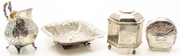 A Group of Small Silver Articles.: Most Continental, including a square pin tray with scenes of putti and scrolls, marked sterling silver; a shaped pill box with similar decoration, Karl Kurtz, Hanau; a miniature cream jug decorated wi