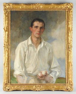 James Jebusa Shannon Tennis Player Portrait.: (1862-1923). Oil on canvas, and signed in lower right. A beautifully executed example of Shannon's celebrated style. Shannon and his close friend John Singer Sargent were one of the most highly sought