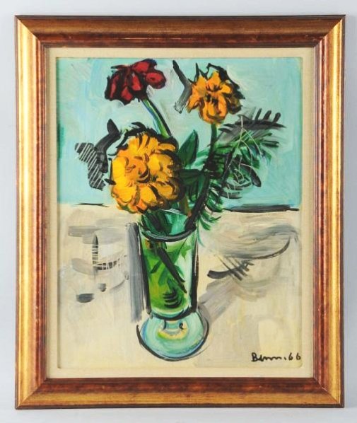 Ben Benn Still Life Oil on Canvas.: (1884-1983). Titled, "Flowers in Glass Vase". Signed in lower right. Dated 1966. Provenance: John and Fannie Frisoli. Short Hills N.J., to their daughter Diane Frisoli Nolan.Purchased from Rabin and K