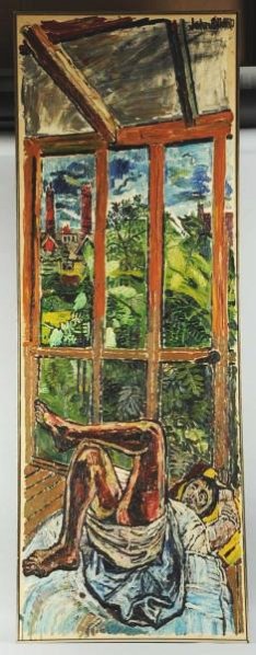 John Bratby Oil on Canvas.: British, (1928-1992). Titled, "Gloria on Back". Signed in upper right. Provenance:John and Fannie Frisoli. Short Hills N.J., to their daughter Diane Frisoli Nolan. Purchased from Bernhardt Crystal Gal