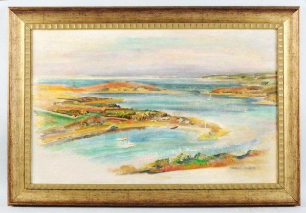 Charles Rosen Oil on Canvas Painting.: American, (1878-1950). Coastal scene with islands. Signed in lower right. Size Framed: 25 - 1/2" x 37 - 1/2".Framed: 25 - 1/2" x 37 - 1/2".