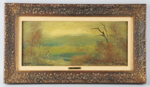 Louis Michel Eilshemius Oil on Board.: American, (1854-1941). Titled, "Nude in a moonlit landscape". Signed in lower right. Provenance: John and Fannie Frisoli. Short Hills N.J., to their daughter Diane Frisoli Nolan. Size 9" x 18".9" x 18