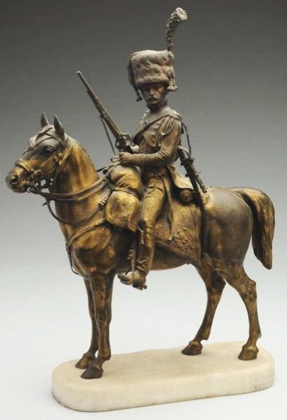 Bronze of Prussian Soldier on Marble Base.: Circa 1890. Soldier is carrying a gun and a sword. Nice detail. Condition (Excellent). Size 18 - 3/4" T.18 - 3/4" T.(Excellent).
