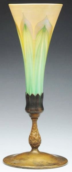 Tiffany Art Glass Vase: Pulled feather design. Signed LCT. With metal base also signed Tiffany Studios, N.Y. No damage. Condition (Excellent). Size 12" T.12" T.(Excellent).