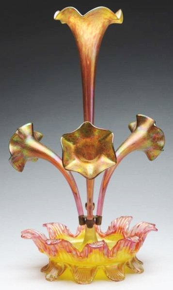 Art Glass Flower Epergne Forms.: Glass flowers and base have nice colors. Condition (Excellent). Size 21" T.21" T.(Excellent).