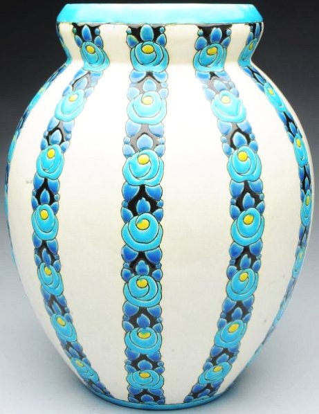 Large Boch Freres Pottery Vase designed by Charle: An extremely large Art Deco vase designed by Charles Catteau for Boch Freres Keramis, circa mid 1920's. Vertical stripes of blue and yellow flowers in an Art Deco pattern executed in the cuerda seca t