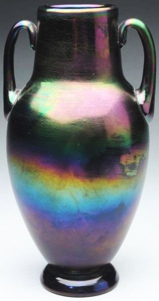 Webb Vase with Handles.: A tall double handled vase with multi colored iridescent finish by Webb in their Bronze Ware line, circa 1900. Polished pontil. No damage. Condition (Excellent). Size 10 - 1/4" T.10 - 1/4" T.(Excellen