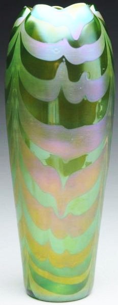 Loetz Green Striped Phanomen Vase: A tall Loetz vase in a green Phanomen décor, circa 1900. Fine iridescent finish and polished pontil. Condition (Excellent). Size 10 - 1/2" T.10 - 1/2" T.(Excellent).
