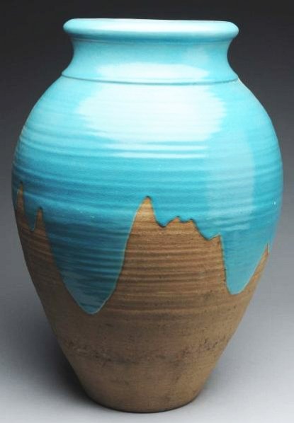 Rookwood Faience Garden Urns.: Fully marked. Factory drill holes for drainage. Heavy turquoise drip over bisque. Some Minor scuffing towards base most likely from sitting in a stand. Condition (Very Good). Size 26" T x 17" W.26" T