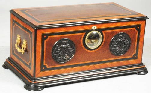 Swiss Organ Box.: With 15 inch cylinder, double spring barrel and automaton bird in front. Condition (Good). Size 32 - 1/2" x 17 - 1/4".32 - 1/2" x 17 - 1/4".(Good). Click Here to Listen to Music Box <