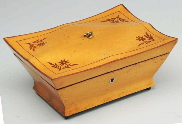 Vintage Musical Sewing Necessaire.: Key inside. Cylinder music box circa 1870. Sewing box with needle case, perfume bottle, scissors, thimble and bobbin, four mother of pearl with thread. Music box plays two tunes. Working. Condition (E