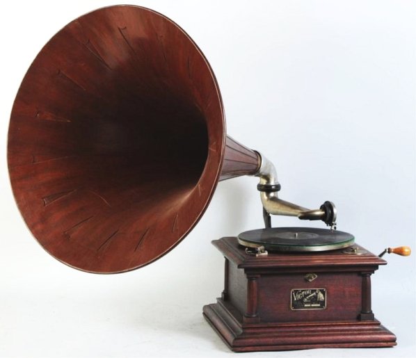 Victor IV Phonograph.: Includes wooden spear tip horn. New elbow. Condition (Good). Size Phonograph: 13 - 3/4" x 13 - 3/4".Phonograph: 13 - 3/4" x 13 - 3/4".(Good).