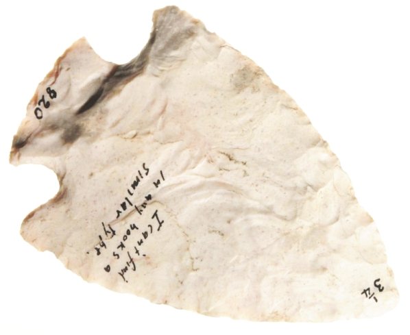 Snyders Point.: Saline County, Missouri origin. Made of heat treated, creamy chert, with grey inclusions. Minor chips. From the J.G. Braecklein collection, Kansas City, Missouri. Possible old historic rechipping. Siz