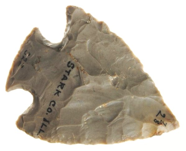 Snyders Point.: Stark County, Illinois origin. Grey hornstone. Classic snyder notches. From the William Smail collection, Loogotee, Illinois. Possible old historic rechipping. Size 2 - 7/8" L.