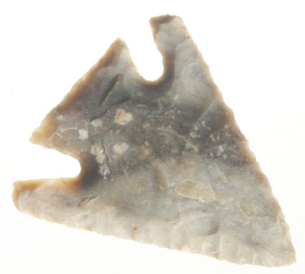 Marcos Point.: Colorful Grey-blue Edwards chert. South Central Texas origin. Deep notches, superb ears and tip. Size 2" L.