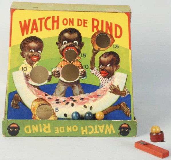 All-Fair Watch on De Rind Catapult Game.: Very colorful and scarce original box marked copyright 1931. Inside game board does have some creasing on left corner has hard to find original balls with ball launcher. Some edge wear to box. Conditi