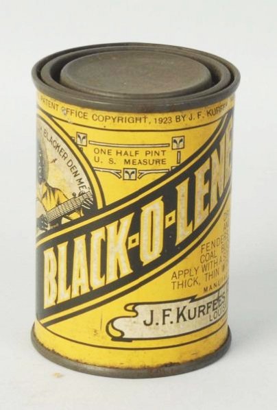 Black-O-Lene Enamel Paint Can.: Made by Kurfees Paint Co. and tin litho can is dated 1923. Full and unused with great graphics and light wear only. Condition (Near Mint). Size 3 - 1/2" T.
