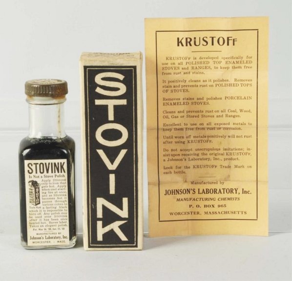 Stovink Stove Polish Bottle w/ Box & Flyer.: Bottle is full and unopened! Box and bottle label both show a black boy rising from the box and dated 1910. Condition (Excellent - Near Mint). Size Bottle: 4 - 1/2" T.