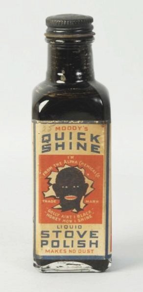 Moody's Quick Shine Stove Polish Bottle.: 1910-20 with Black Boy graphic and quote on the front of the label. Unopened, with just light label stains and wear. Condition (Excellent). Size 6" T.