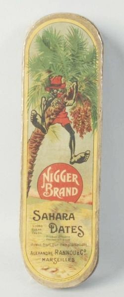 Sahara Dates Brand Box.: 1910-20 oval box from France with color graphics and light wear only. Unusual find! Condition (Near Mint). Size 8 - 3/4" L.