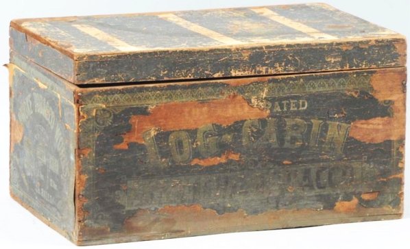 Log Cabin Store Sized Cigar Box.: Rare and circa 1880s to 1890s. Made in Danville, VA by Chas. Conrad and Company. Extensive outer paper label wear but a beautifully preserved inner label that is large and colorful. Only light soiling