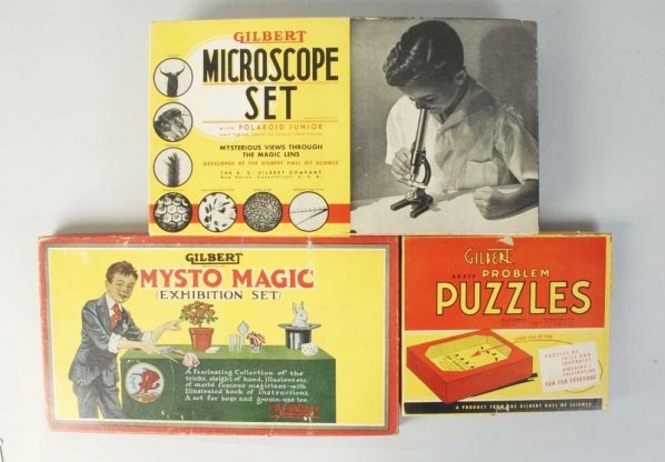 Lot of 3: Vintage Pre-War Gilbert Children's Sets: Includes one box of dexterity-type puzzles, one Misto Magic set and one microscope set. Condition (Very Good - Excellent). Size Largest Box: 18" x 10".