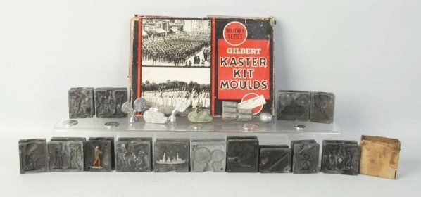 Large Lot of Kaster Kit Molds.: Includes original box depicting soldiers. Marked A.C. Gilbert. With eight molds plus a made lead soldier inside. Box has insert. With approximately 20 soldier molds. Minor wear to box. Condition (Very