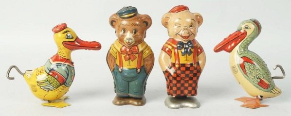 Lot of 4: Tin Litho Wind-Up Animal Toys.: Including one pig, one bear, one pelican, and one duck. Have early shield marks. Very little wear. Condition ( Excellent - Near Mint). Size Largest: 4 - 1/2" T.