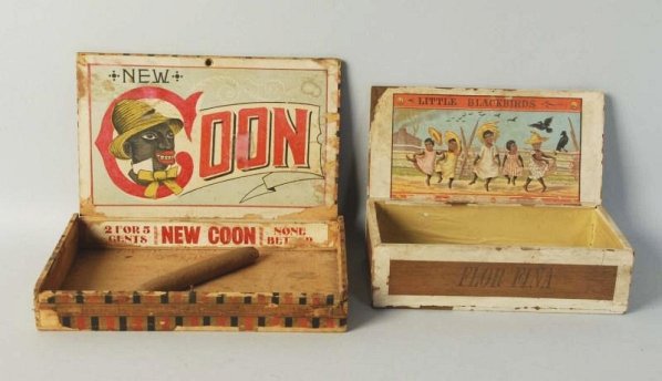 Lot of 2: Cigar Boxes.: Little Blackbirds and New Coon. Both are wooden with colorful and classic graphics of that early period. Light to medium wear on both and some stains on the larger box. Condition (Very Good). Size Lar