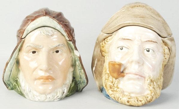 Lot of 2: Tobacco Humidors.: Includes one "old salt" sea captain with a small chip inside the pipe, with no cracks and one Robin Hood type character with a 3/4 inch chip on lower part. Marked, "W. S&S.". Condition (Very Good). Si