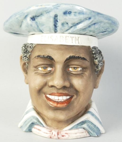 Black Boy Tobacco Humidor.: Marked, "Elisabeth". With minor chip on rim above the right ear. Condition (Very Good). Size 8 - 1/4" T.