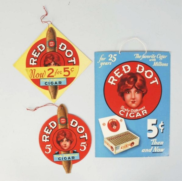 Lot of 3: Red Dot Cigar Ads.: Brilliant colors. Light new condition. Condition (Near Mint). Size Largest: 12 - 1/2" L.